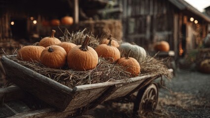 Pumpkins on an old wooden cart