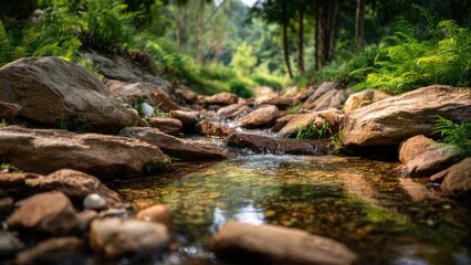Fototapeta premium Rocky Stream in Lush Green Forest