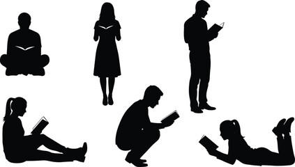 Black silhouette set of people reading books in various poses including sitting standing lying down and crouching on white background. © Sohag