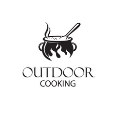 outdoor cooking process on cauldron isolated on white background