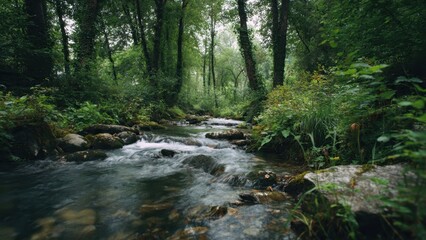 Obraz premium Stream flowing through lush green forest