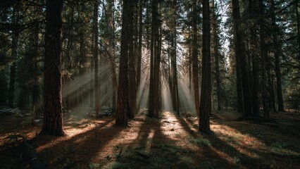 Obraz premium Sunbeams Streaming Through Forest Trees