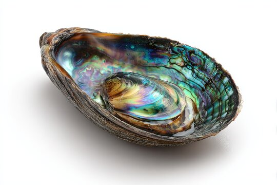 An exquisitely detailed, iridescent abalone shell is displayed in a studio setting. The shell's interior shimmers with a spectrum of colors, showcasing its natural beauty and intricate texture. 