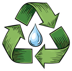 Obraz premium Recycle symbol with Water Drop, Green Arrows Sketch Style, Vector Illustration