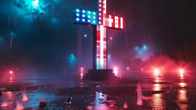 Neon American flag cross in rain at night, reflections on wet ground, urban patriotic, religious symbolism 4K Video