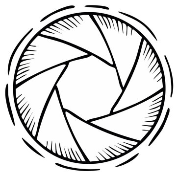 Stylized hand-drawn camera lens aperture with six blades, a classic photography symbol icon