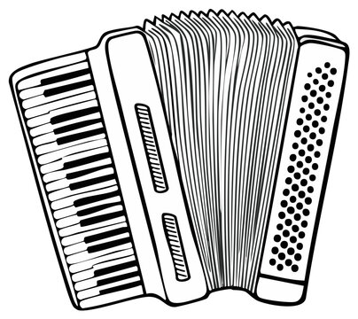 Detailed accordion musical instrument line art drawing with keyboard and bellows