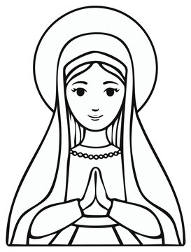 Blessed Mother illustration with halo and praying hands, simple religious line art drawing