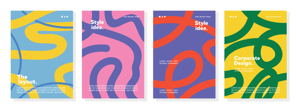 Retro style dynamic linear wave abstract background collection, Business presentation front page Bundle mockup set with 70s concept for corporate report cover.