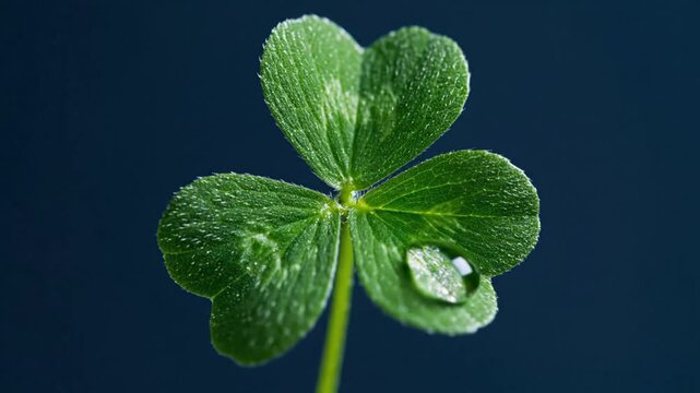 Close-up of a vibrant green shamrock leaf with a single dewdrop, symbolizing luck and natures beauty.