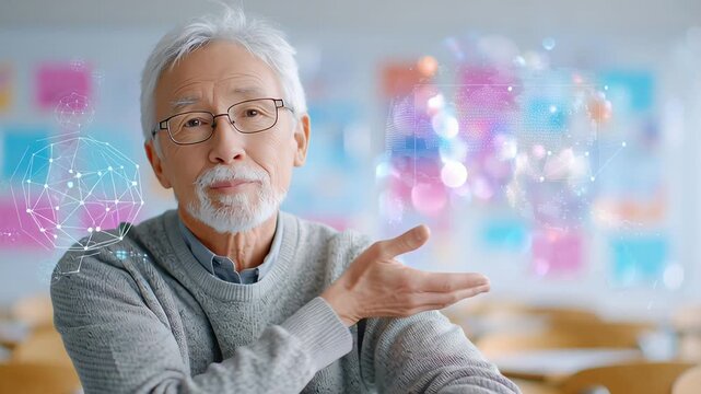 Elderly man contemplates digital innovation in a modern classroom setting