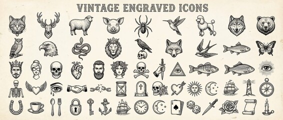 Obraz premium Explore the beauty of vintage engraved icons featuring animals, nature, and mystical symbols in intricate detail