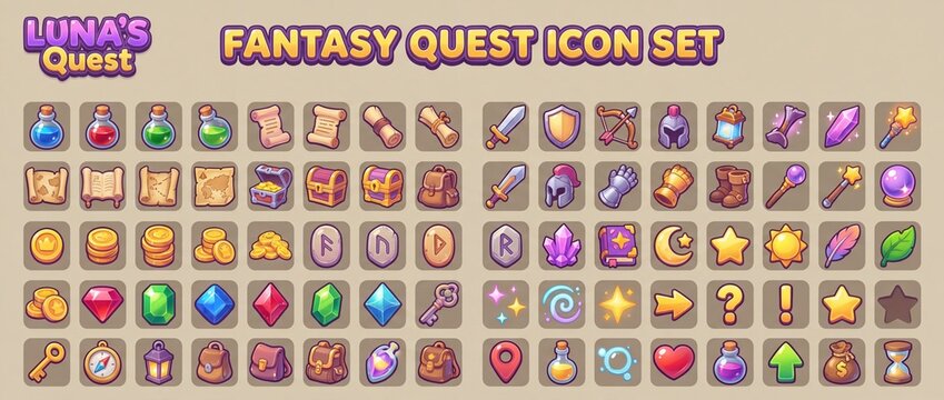 Colorful and enchanting fantasy quest icon set for adventures filled with magic and treasure