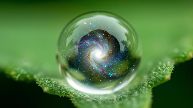 A universe contained within a single dewdrop on a green leaf. Microcosm reflecting the vastness of the cosmos.