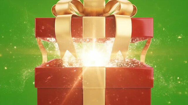 Presenting a Gift Box with Golden Ribbon in Bright Green Background