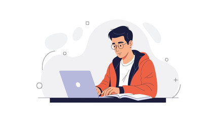 Young Man Studying Online with Laptop and Open Book, Modern Flat Illustration