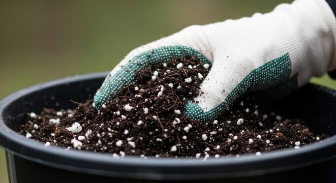 Hand in glove mixes rich potting soil with perlite in black container. Preparing potting soil for spring planting, mixing nutrient rich earth for seedlings.