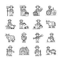 Fototapeta premium Farmer Icons Set: Agriculture, Livestock, and Farm Life in Simple Line Art