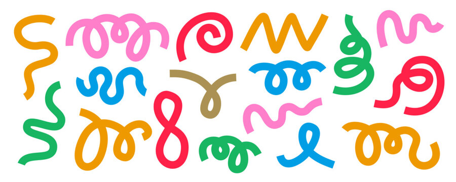 Colorful abstract doodle wavy line shapes, colorful swirls and curves, line squiggles elements, cute carnival confetti ribbons for kid birthday party, squiggle color wave confetti