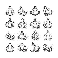 Garlic Icons Collection: Whole Bulbs and Cloves, Outline Style