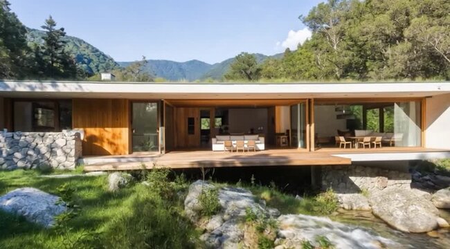 Sustnable contemporary home featuring a green roof and wooden deck built above a natural forest river