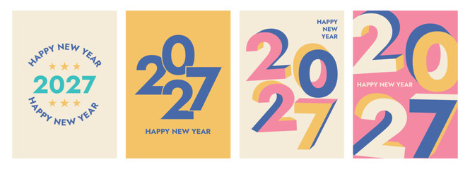 New Year 2027 typographic design set featuring modern retro aesthetics and creative abstract layouts for posters and social media, vector art