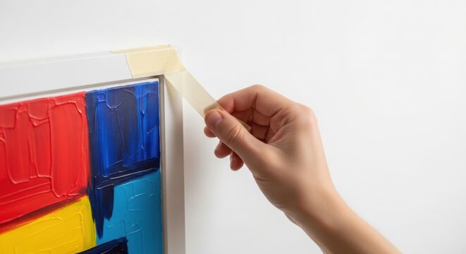 Hand carefully applying masking tape to corner of vibrant abstract painting, preparing edges for finishing. Artist uses masking tape for precise framing and canvas protection,