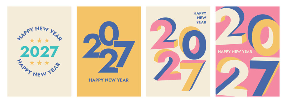 New Year 2027 typographic design set featuring modern retro aesthetics and creative abstract layouts for posters and social media, vector art