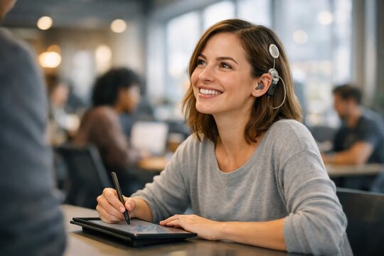 A young woman with a cochlear implant smiles while using a digital tablet and stylus. The setting is a bright modern office, conveying inclusion and positivity. Ideal for health and technology.