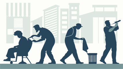 Blue Silhouette Progression of Service Workers Barber Cleaner Security Guard Illustrating Labor Industry Growth and Urban Employment