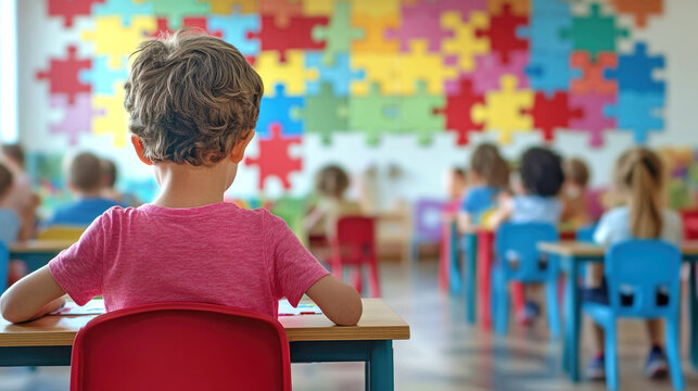A child sits at a school desk in a classroom at a specialized school for children with autism spectrum disorders