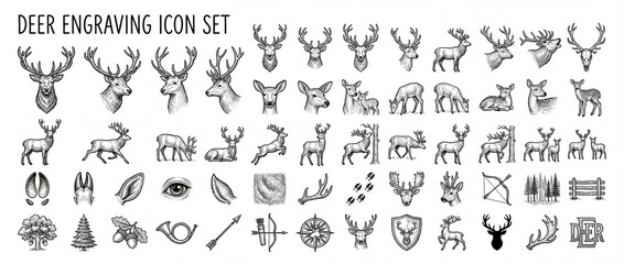 Fototapeta premium A collection of detailed deer engravings showcasing diverse species, their antlers, and natural elements in an artistic style