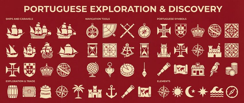 Symbols and tools from Portuguese exploration showcase maritime history and trade routes across the globe