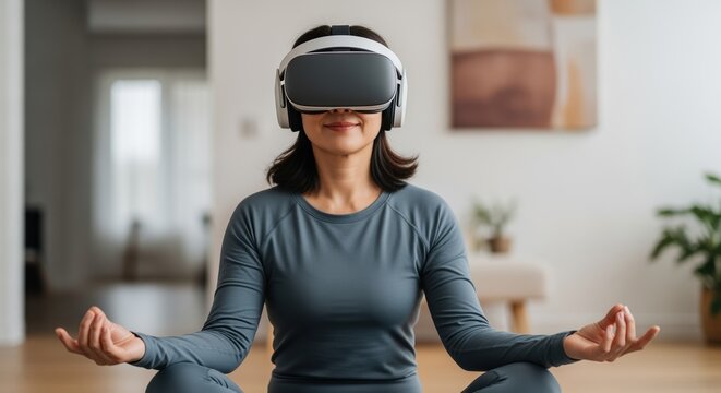 asian woman practicing meditation with vr headset in modern living room for relaxation and focus