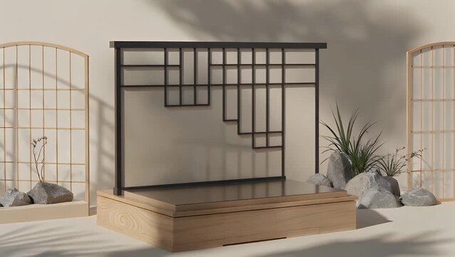 Elevated Presentation Platform for Merchandise Showcasing Incorporating Feng Shui and Japandi Aesthetic Principles on a Serene Lit Backdrop with Natural Mineral and Botanical Accents Rendered in Thre
