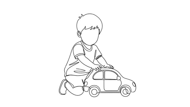 Black Continuous Line Art Boy Playing with Car | Vector Illustration