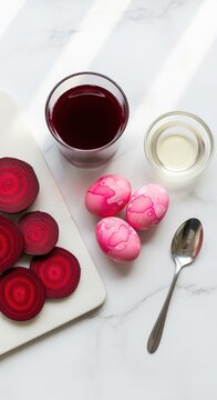 easter egg dyeing with beetroot slices and vinegar on white marble