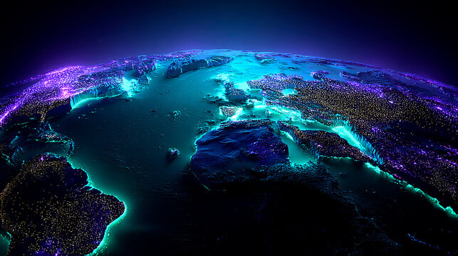 Abstract visualization of global digital networks on a neon-lit Earth, showing data and connectivity from space.