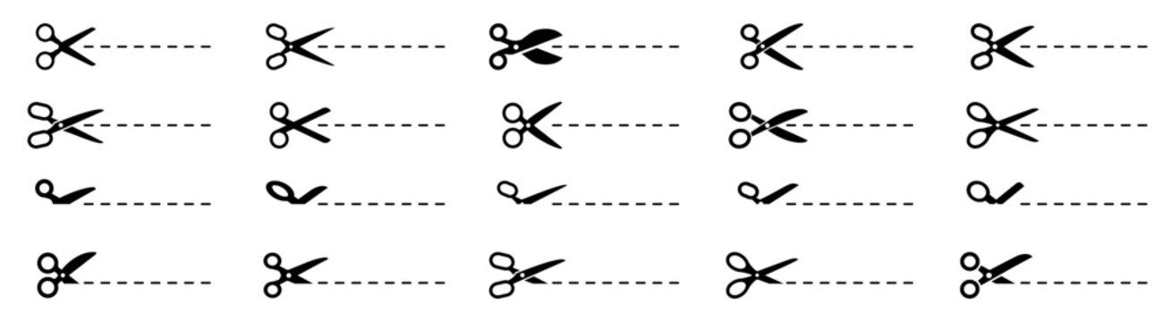 Scissors cut line icon set, open and closed scissor positions with dashed cutting paths, coupon border sign icons, line cutting
