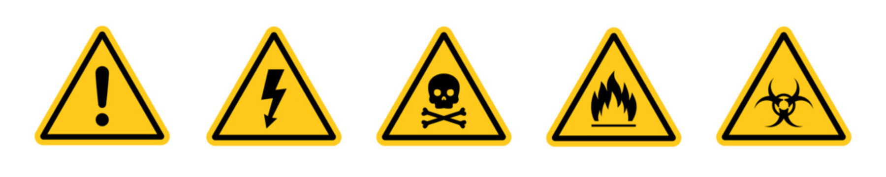 Warning triangular caution shapes signs with various danger symbols: hazard, flammable, electrical, high voltage, biohazard, skull with bone