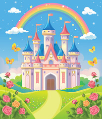 Fairy-tale castle for Princess, magic kingdom. Palace and beautiful flower meadow with rainbow. Wonderland. Children cartoon illustration for wallpaper or puzzles. Play or toy for girl. Vector © penochka1