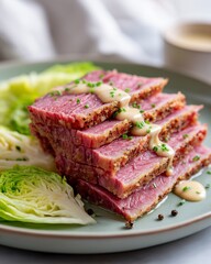Thick slices of pink corned beef arranged neatly on a plate with fresh cabbage and a drizzle of creamy sauce, creating an appetizing presentation for culinary enthusiasts