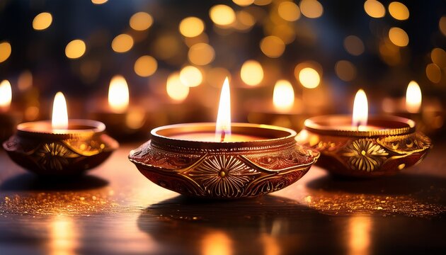 Beautiful Diwali Oil Lamps With Bokeh Lights Background