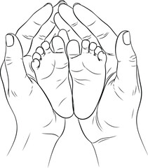 Gentle adult hands cradling and supporting tiny baby feet in a simple black and white illustration, symbolizing care and protection for newborns and infants in a tender and loving gesture.