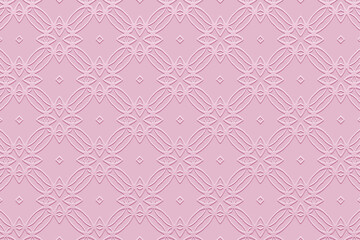 Fototapeta premium Ethnic pink background, banner, cover design, mural. Elegant geometric embossed pattern. Ornamental motifs of the East, Asia, India, Mexico, Aztec, and Peru. Tribal and folk traditions.