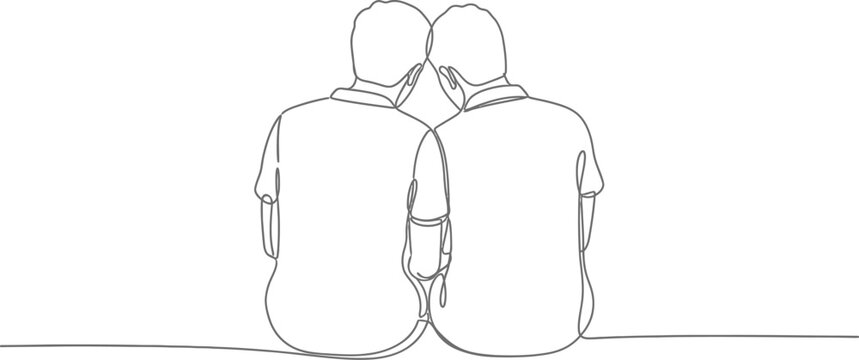 Two people sitting together on the ground with their backs to the viewer in a line art style illustration showing companionship and togetherness with a simple white background.