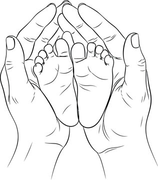 Gentle adult hands cradling and supporting tiny baby feet in a simple black and white illustration, symbolizing care and protection for newborns and infants in a tender and loving gesture.