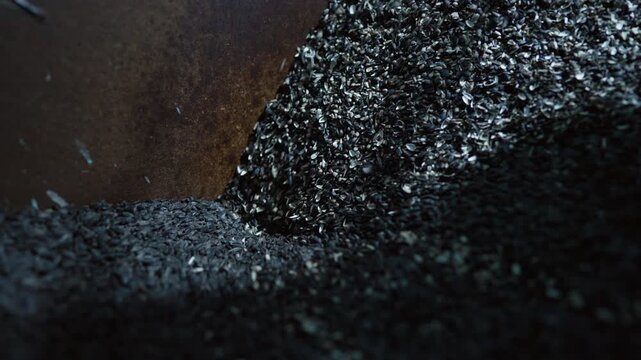 Sunflower seeds are poured into a traditional grinding bowl as part of an old oil extraction method.