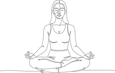 Serene young woman practicing meditation and yoga in a peaceful lotus position with eyes closed and a calm expression promoting relaxation and mindfulness.