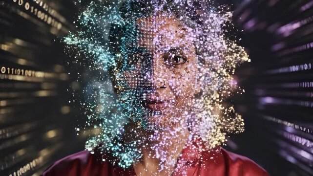 Woman's face disintegrating and reforming into digital pixels